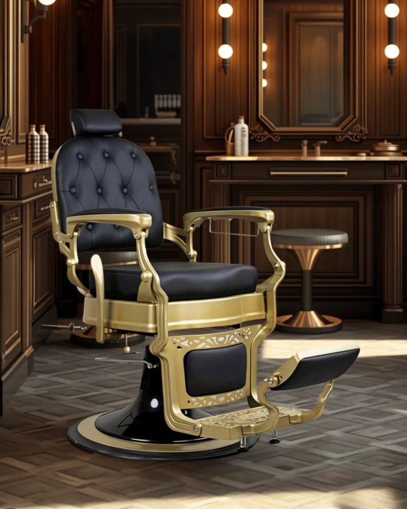 Greenlife® Antique Luxury High Grade Heavy Duty Square Swivel Black Leather & Matte Gold Barber Chair - GreenLife - Barber Chair