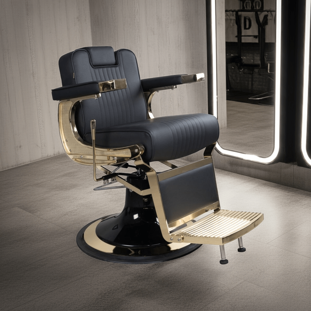 Ninja Luxurious Modern Electroplated Gold & Sturdy Black Leather with Super Large Plus Hydraulic Pump Salon Barber Chair - GreenLife - Barber Chair