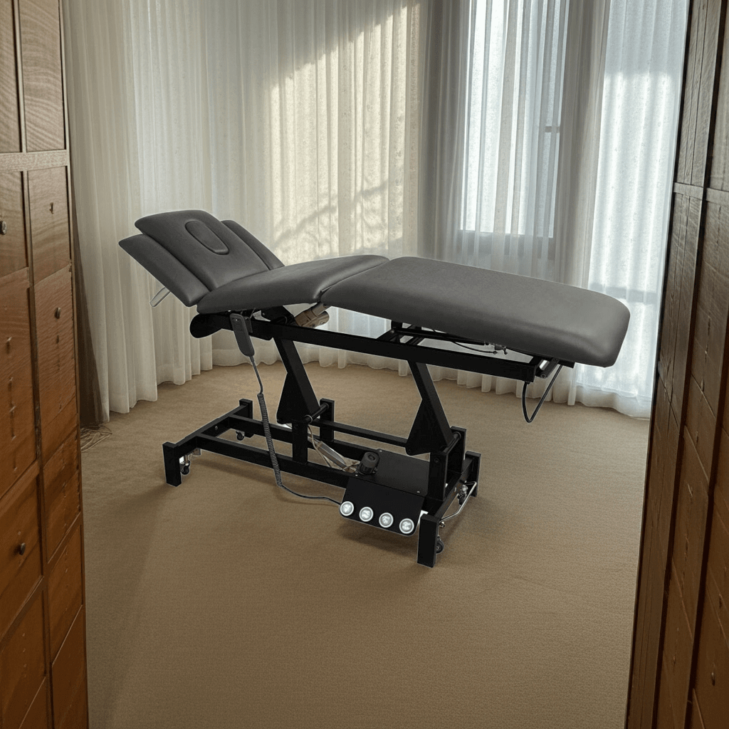 GreenLife ® Thomas II Power Chiro bed with 4 external wheels, 2 motors, Double gas rod hydraulic support leg part & Paper roll holder - GreenLife - Electric Massage Bed