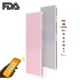 Two rectangular LED light panels with a honeycomb pattern are shown on a white background, one emitting pink light and the other gray light. A hand holds a smartphone displaying a control app, with wireless signal lines between the phone and the panels. - Greenlife - Red Light Panel