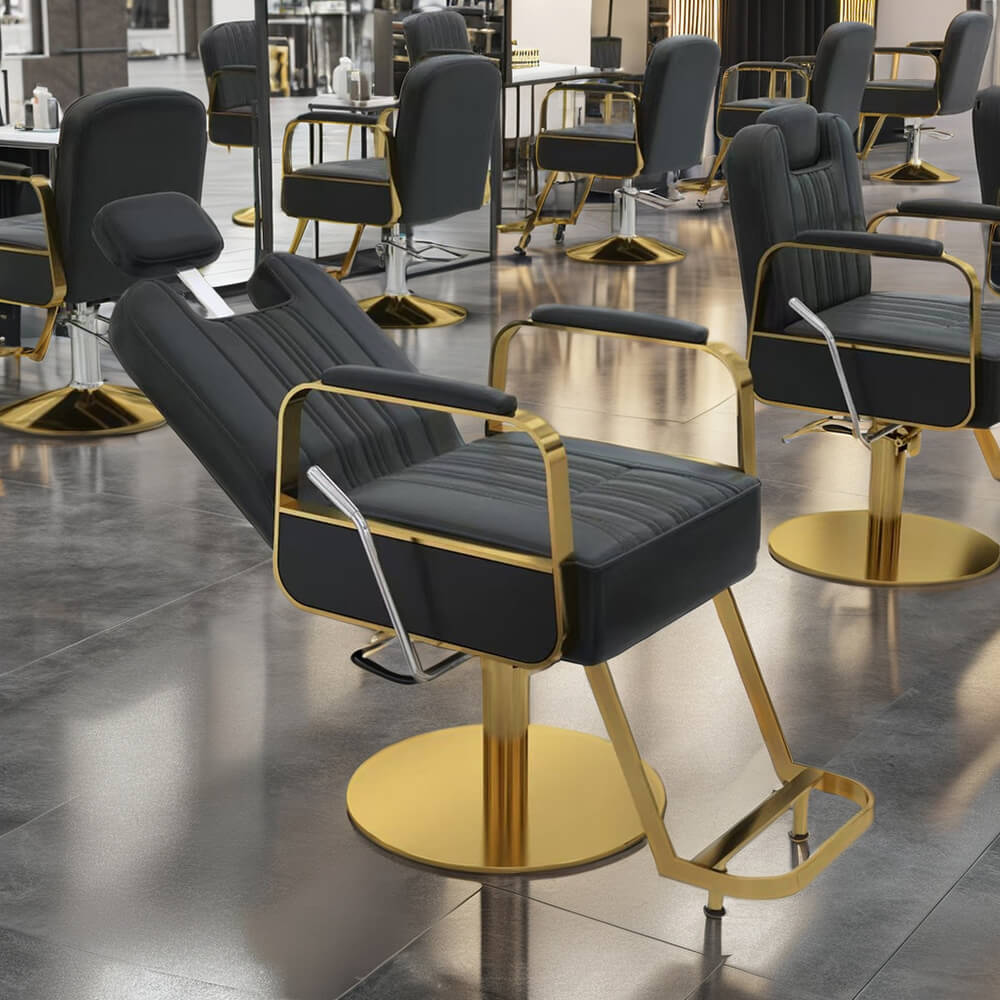 Greenlife Heavy Reclining Styling chair with stainless steel base / Barber Gold & White - Greenlife - Reclining Styling Chair