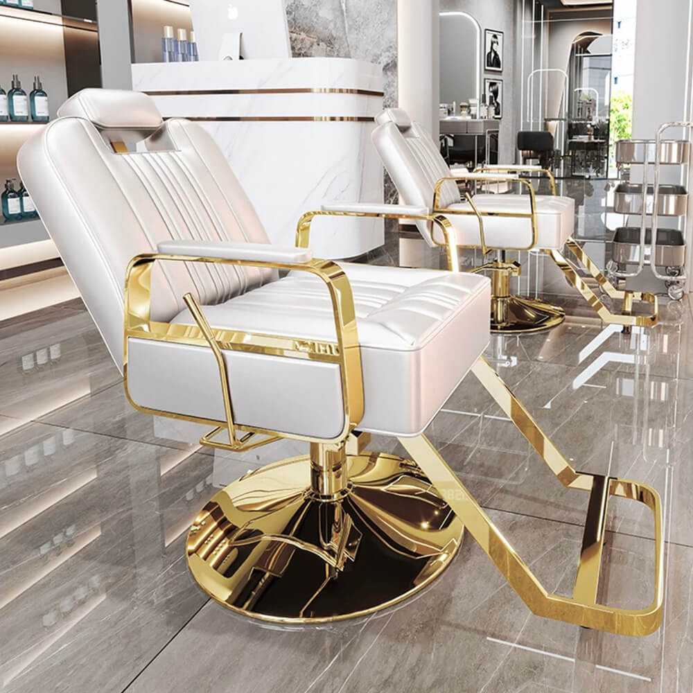Greenlife Heavy Reclining Styling chair with stainless steel base / Barber Gold & White - Greenlife - Reclining Styling Chair