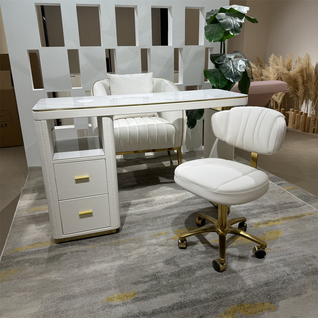YOOCELL ® White Manicure Table with Manicurist Chair and Guest backrest Stools Chair Whole Set (wholesale pricing available)