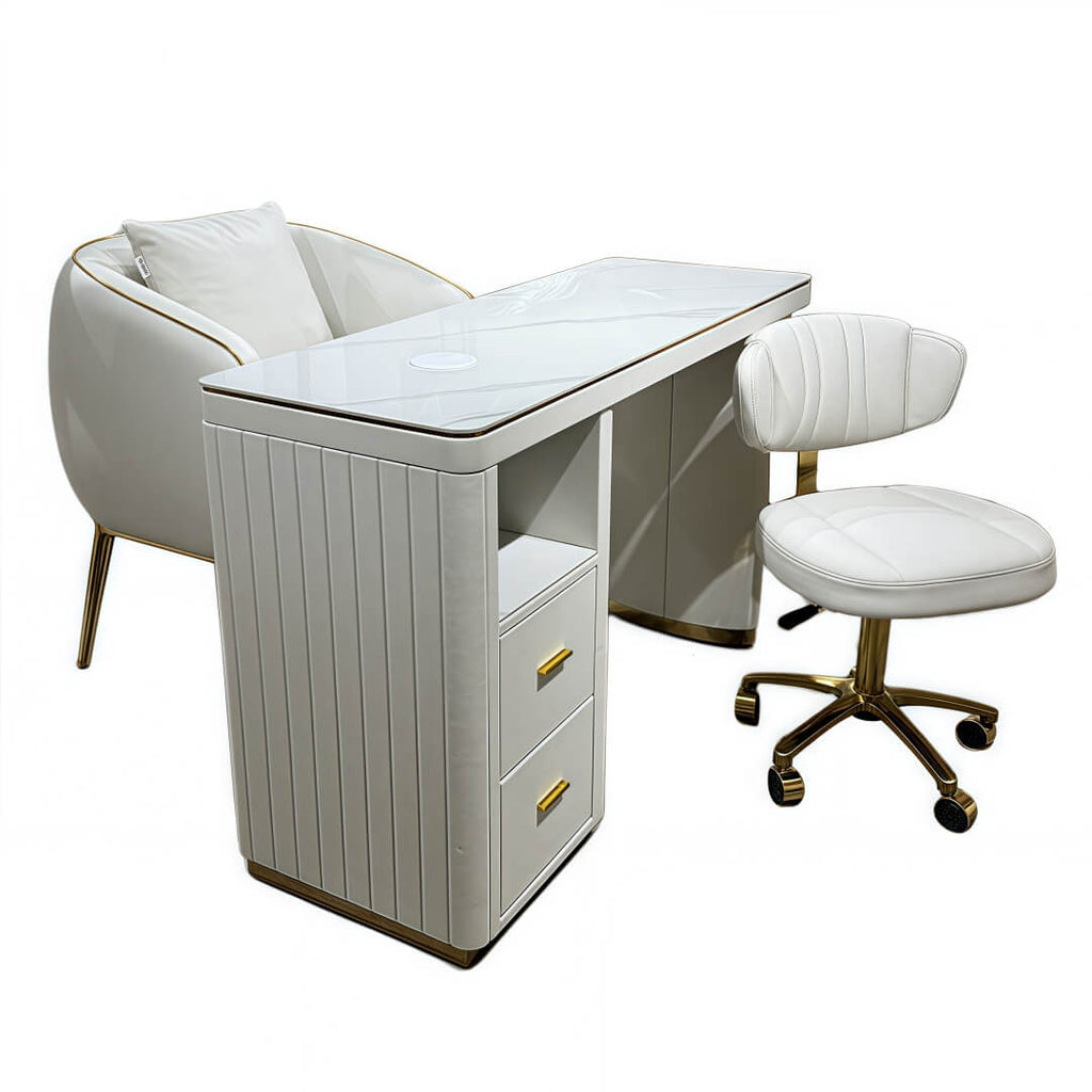 YOOCELL ® White Manicure Table with Manicurist Chair and Guest backrest Stools Chair Whole Set (wholesale pricing available)