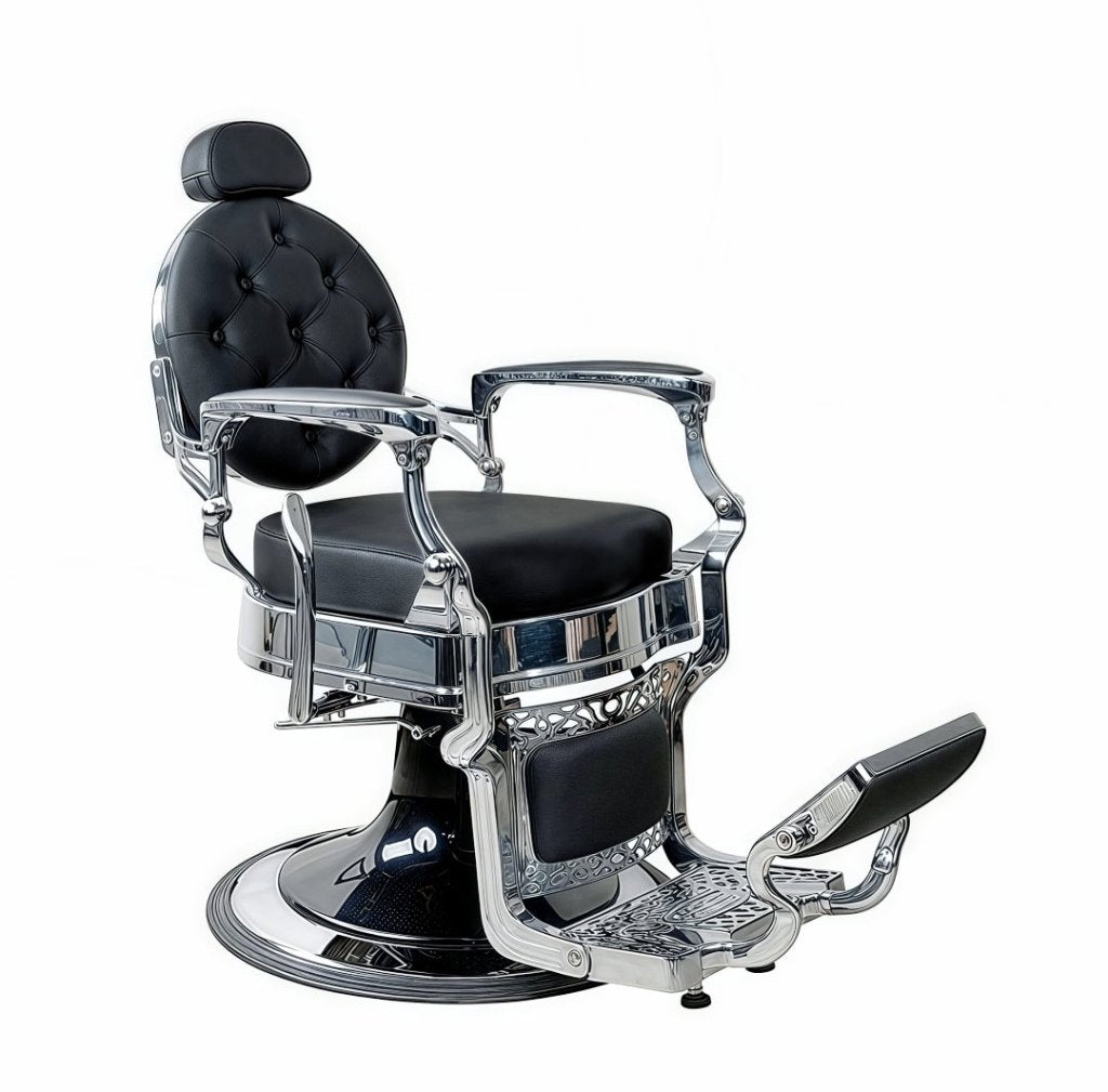 Greenlife ® Vintage Luxury High - Class Heavy - Duty Square Swivel Black & Silver Barber Chair with backrest Button Style - GreenLife - Barber chair