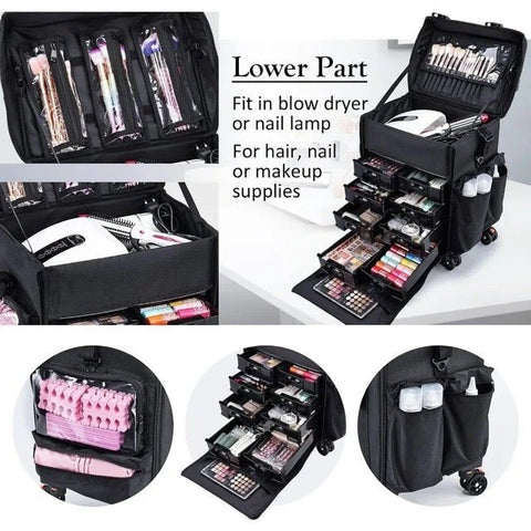 4 lockable 360° Rolling Casters Makeup Rolling Train Case - Hairdressing Bag Beauty Trolley Nail Cosmetic Box - GreenLife - Beauty Supplies