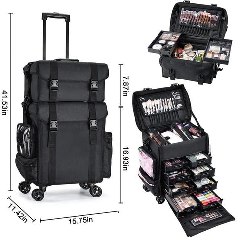 4 lockable 360° Rolling Casters Makeup Rolling Train Case - Hairdressing Bag Beauty Trolley Nail Cosmetic Box - GreenLife - Beauty Supplies