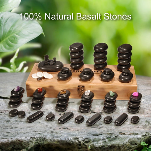 Master Massage 70 - piece Deluxe Hot Stone Massage Stone Set Kit Package for a Full Body Massage with Black Lava Volcano Basalt Rock, White Marble Cool Cold Stone and Chakra. - GreenLife - Hot Stone