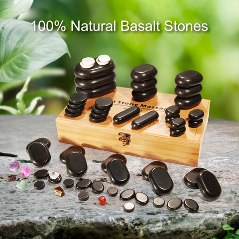 Master Massage 60 - Piece Deluxe Hot Stone Set including Basalt Volcano Rocks, Marble Cold Stones, and Chakra Balancing Tools - Ultimate All - in - One Package Kit for a Professional Quality Hot Stone Massage Therapy at Home - GreenLife - Hot Stone