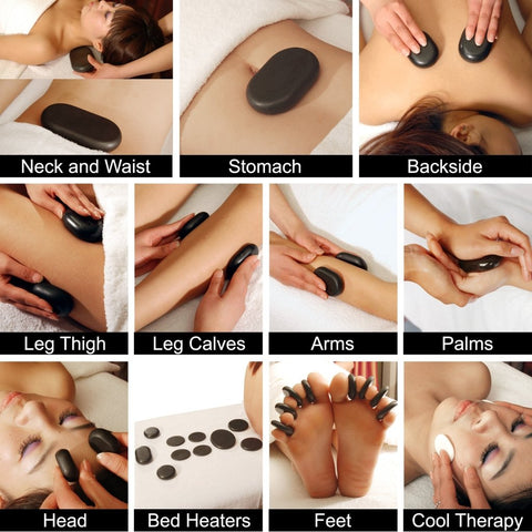 Master Massage 50 Piece Deluxe Hot Stone Massage Stone Set Kit Package for a Full Body Massage with Black Lava Volcano Basalt Rock, White Marble Cool Cold Stone - GreenLife - Hot Stone