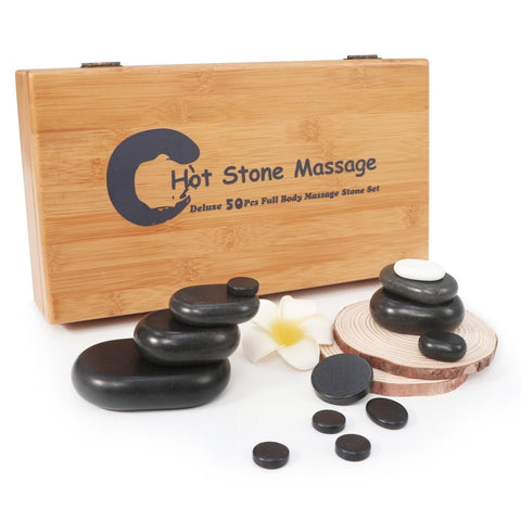 Master Massage 50 Piece Deluxe Hot Stone Massage Stone Set Kit Package for a Full Body Massage with Black Lava Volcano Basalt Rock, White Marble Cool Cold Stone - GreenLife - Hot Stone