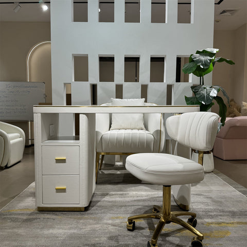 YOOCELL ® White Manicure Table with Manicurist Chair and Guest backrest Stools Chair Whole Set  (wholesale pricing available)