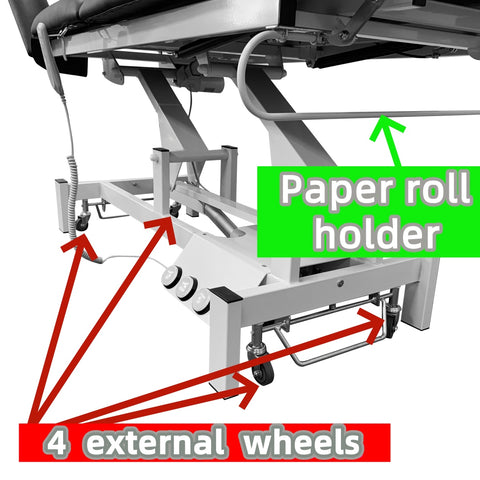 GreenLife ® Thomas II Power Chiro bed with 4 external wheels, 2 motors, Double gas rod hydraulic support leg part &  Paper roll holder