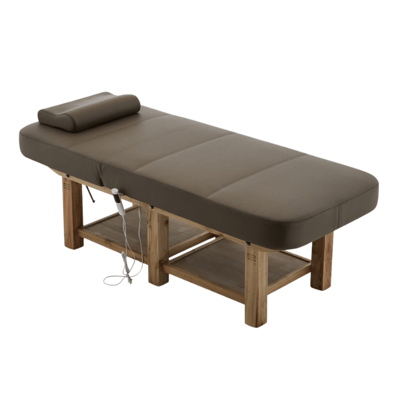 Wooden Massage Bed with Remote Heating, Dark Brown Leather - GreenLife - Massage Bed