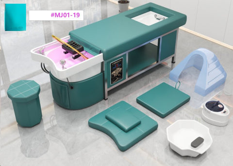 Premium Thai Shampoo Bed in Teal Blue (MJ01 - 19) – Ceramic Basin, Acrylic Foot Bath, Stainless Steel Frame, with Steam Function & Bonus Water Pump - GreenLife - 