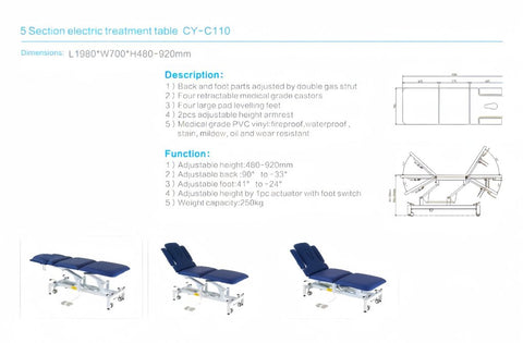 Vivinova® Carbon Steel Professional 5 Section Electric Treatment Massage table bed CY - C110 for Clinic RMT Physical Therapy - GreenLife - Electric Massage Bed