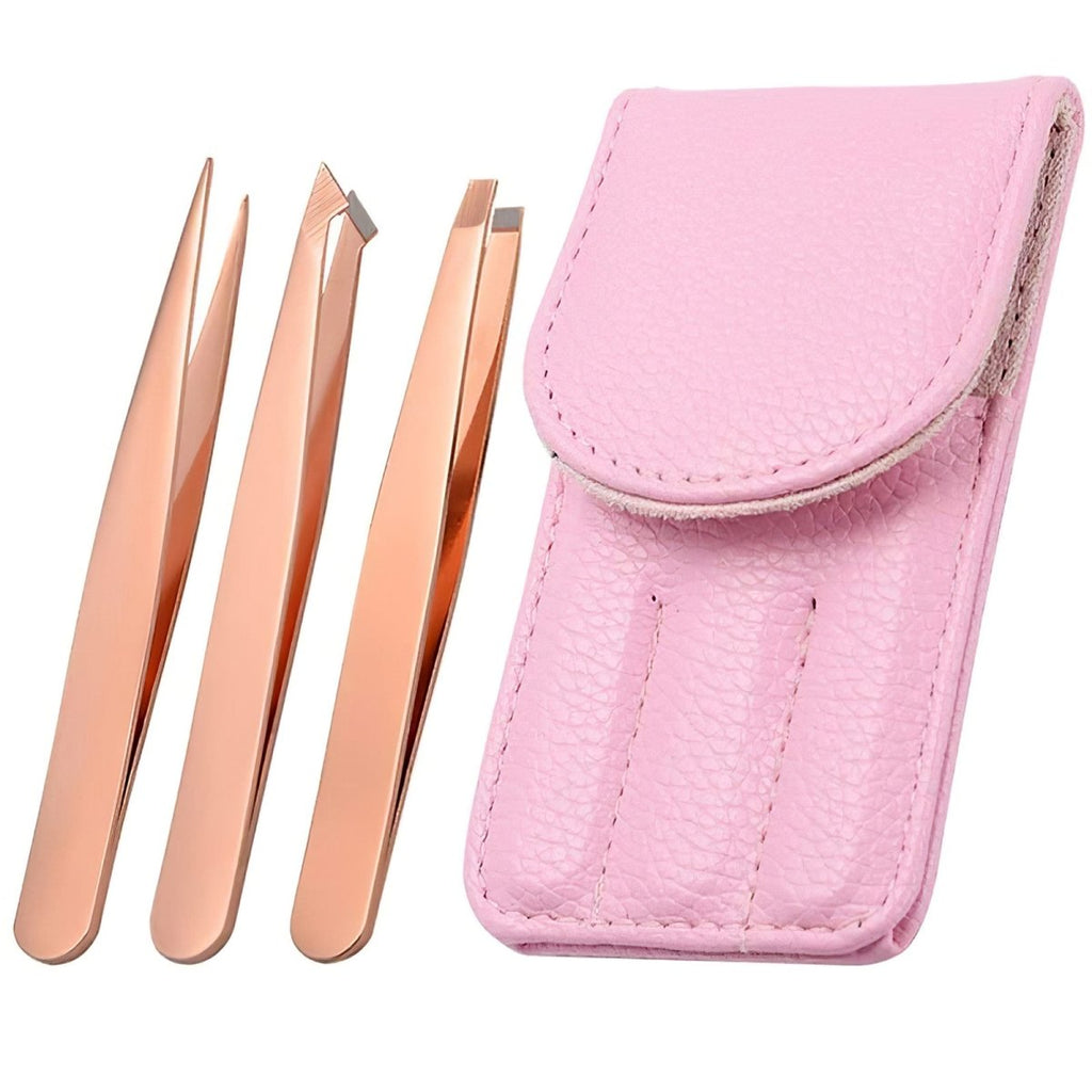 3pc Tweezers Set(Rose Gold with Leather Bag) - GreenLife-201387